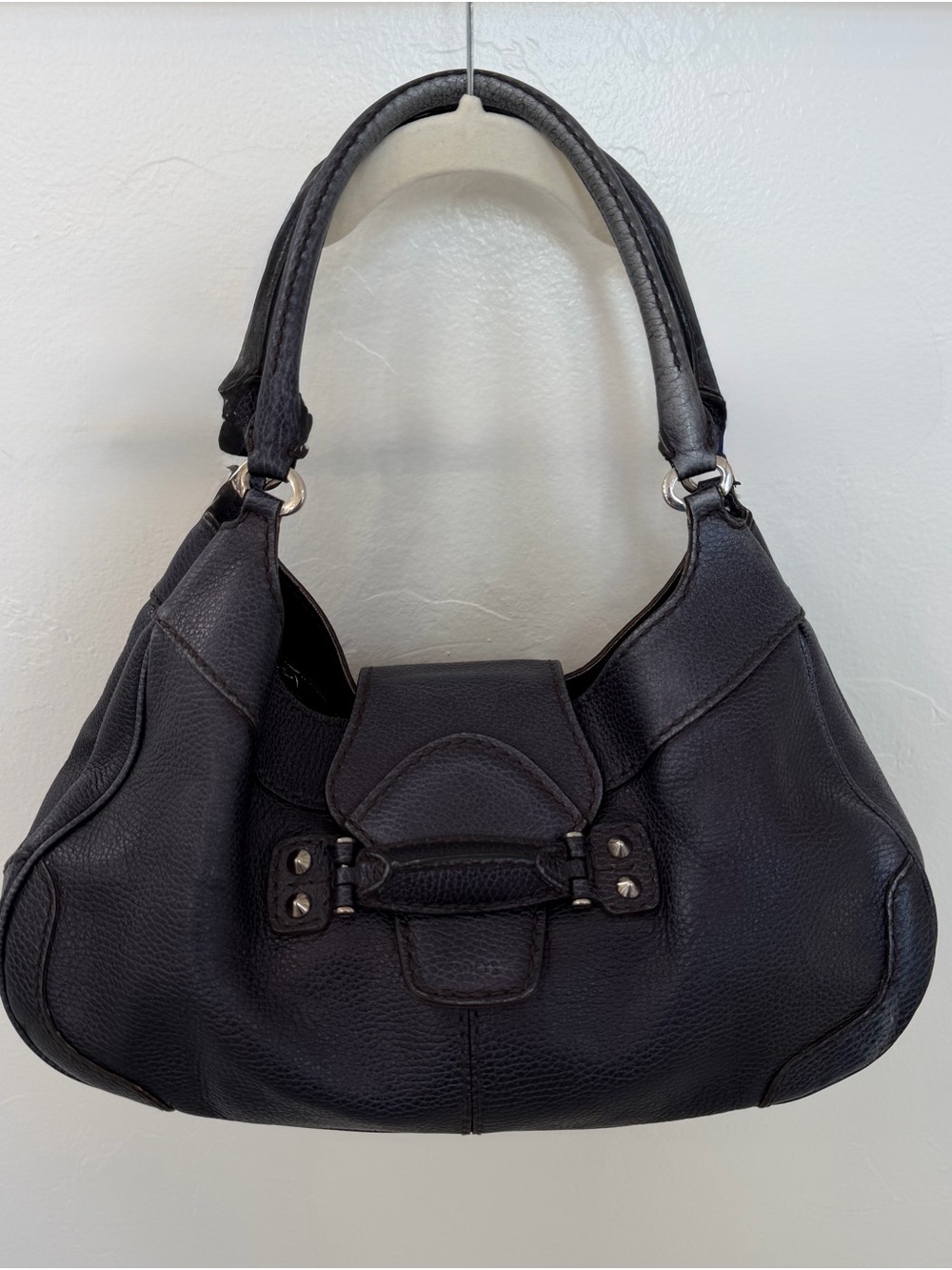 Tod's Black Pebbled Leather Hobo Shoulder Bag with Flap
